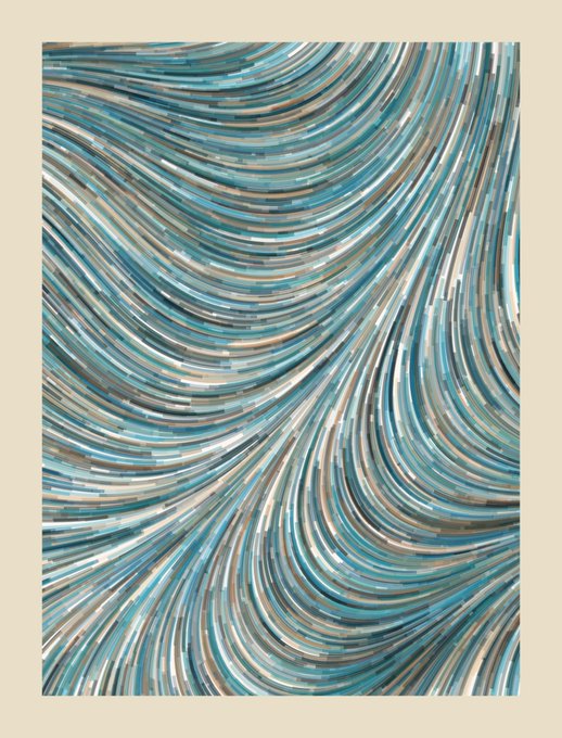 An abstract artwork featuring dynamic curved brushstrokes in shades of teal, blue, silver, and white, creating a sense of flowing motion reminiscent of waves or wind.