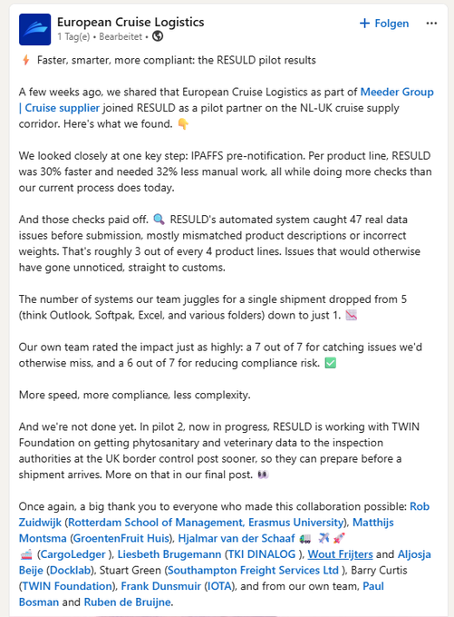 A LinkedIn post from European Cruise Logistics (Meeder Group) titled 'Faster, smarter, more compliant: the RESULD pilot results' details that their automated system was 30% faster, needed 32% less manual work, and caught 47 real data issues.