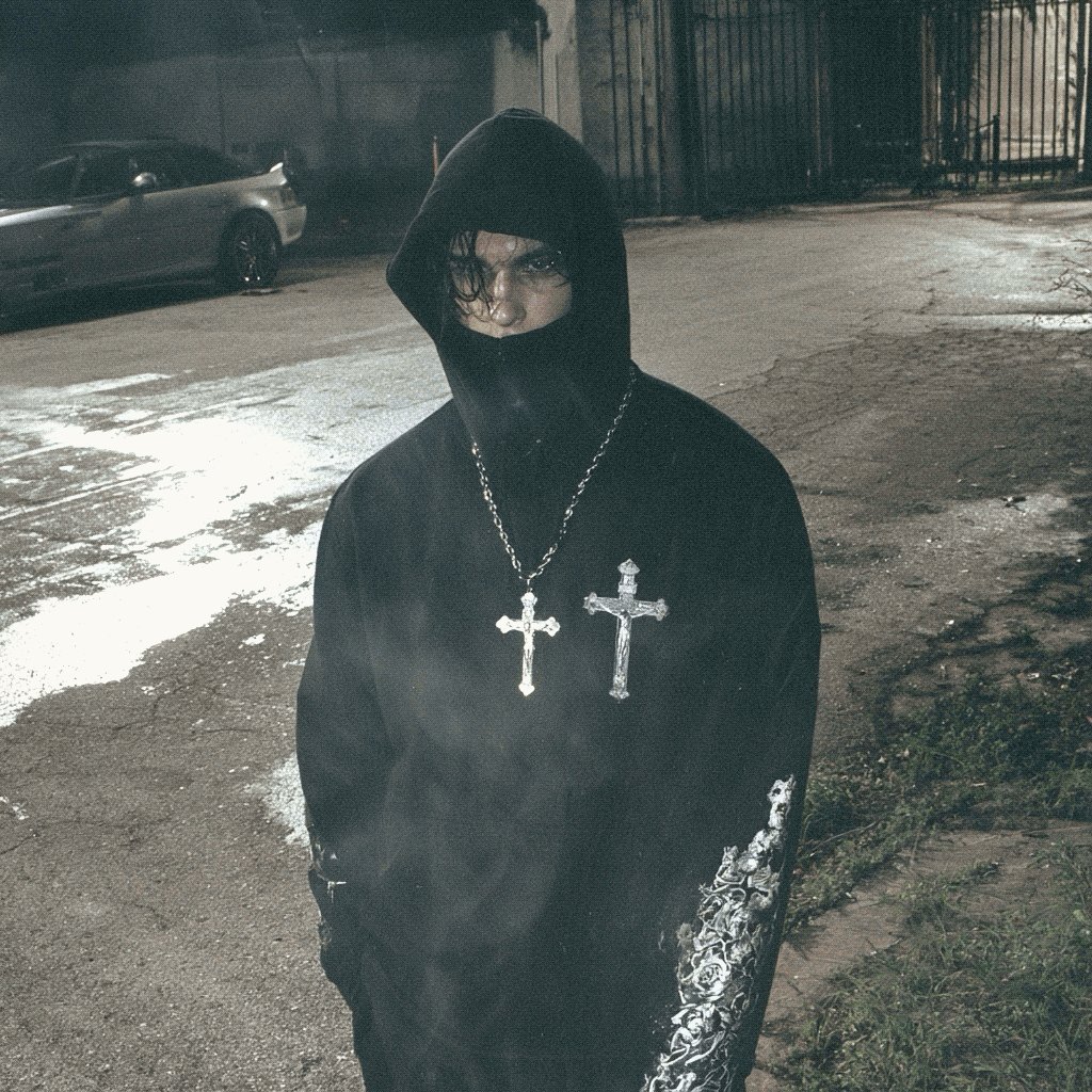 The image features a person wearing a hooded sweatshirt with crosses on them. The person has their face obscured by a hoodie, giving them an air of mystery or anonymity. They are standing outside, possibly near a car. The background includes a fence and some grass, adding to the overall atmosphere of the scene. The post about the person is titled "SINNED, REPENTED. 50 1/1s, 0.03 eth." This suggests that the image might be related to an event or gathering where the person's appearance has drawn attention.