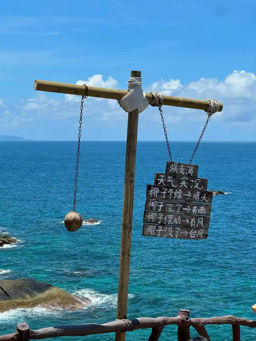 A wooden weather signpost by the ocean displays Chinese text predicting weather forecasts (such as "椰子干烧" meaning scorched coconuts indicating clear skies, and "椰子湿了" meaning wet coconuts indicating rain) based on coconut conditions, standing in contrast to the unrelated crypto networking post, which appears to have been mismatched with this tropical seaside image.