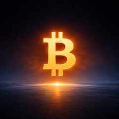 A glowing orange Bitcoin (₿) symbol radiates light against a dark background with a subtle blue surface reflection.