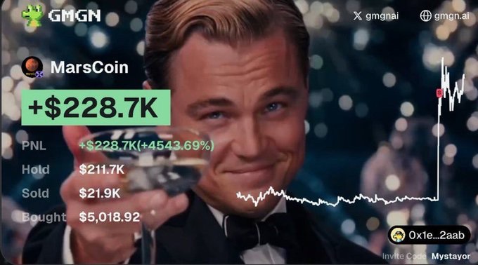 The image is a meme-style promotional graphic for "MarsCoin" ($MARSCOIN) on the GMGN platform, showing a fake portfolio with "+$228.7K (+4543.69%)" profit displayed over a scene of Leonardo DiCaprio raising a champagne glass, captioned with the poster's boast about turning $20 into $228,000 and urging followers to enable notifications.