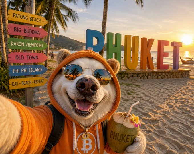 The image features a dog wearing an orange hoodie, sunglasses, and carrying a coconut drink with a straw. The background shows palm trees and a sign that says "Phuket" along with other signs for various attractions like Big Buddha, Kona Island, and Old Town. The photo is related to the post because it includes text about investing in Bitcoin, which could be interpreted as an advertisement or promotion for Bitcoin mining services.