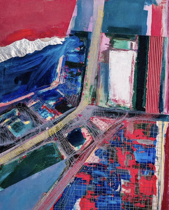 An abstract mixed-media painting composed of bold red, blue, and white geometric shapes with textured surfaces and crosshatched patterns.