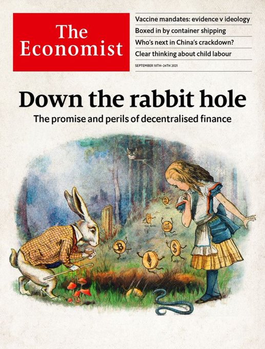 The image features an illustration of a rabbit with a carrot in its mouth, surrounded by various objects such as coins and a book. The text in the image reads "Bitcoin + 'The Economist'". This suggests that there might be a connection between Bitcoin and the Economist magazine or vice versa.