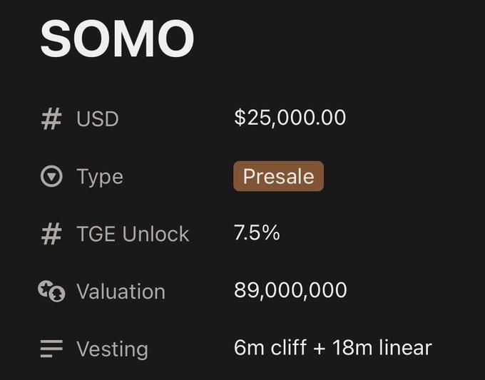 A dark-themed digital card for "SOMO" displaying crypto presale details: USD $25,000.00, Type: Presale, TGE Unlock: 7.5%, Valuation: 89,000,000, and Vesting: 6m cliff + 18m linear.