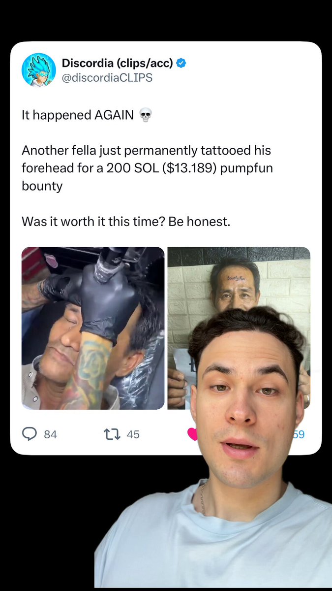 The image shows a man wearing a white t-shirt, standing next to a computer screen displaying a social media post about tattoos. The post includes two photos of people with tattoos - one person has a tattoo on their forehead, while another person has a tattoo on their arm. The caption of the post reads "It happened again: Another guy fell victim to a tattoo artist who just temporarily tattooed his forehead for a 200 lol bounty."