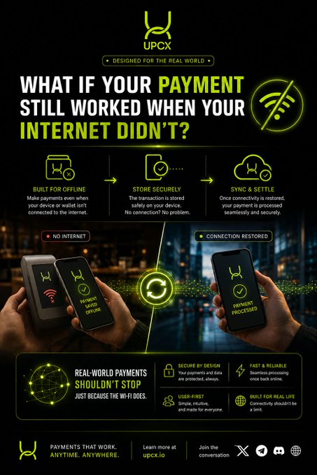 UPCX promotional graphic asking 'WHAT IF YOUR PAYMENT STILL WORKED WHEN YOUR INTERNET DIDN'T?' highlighting offline payment capabilities with three steps: Built for Offline, Store Securely, and Sync & Settle.