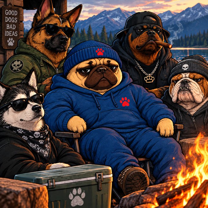 An illustration of several dogs dressed in tough biker/outlaw attire, including a bulldog in a blue hoodie and sunglasses, sitting by a campfire with a sign reading 'GOOD DOGS BAD IDEAS' with a paw print.