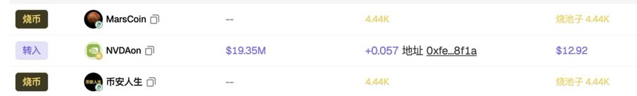 A transaction history screenshot shows three entries: MarsCoin and 币安人生 (Binance Life) each with a balance of 4.44K marked as "烧币子" (burned coins), and an NVDAon token entry with a $19.35M volume, +0.057 address 0xfe_8f1a, and $12.92 value marked as "转入" (transferred in). The image relates to the post's joke about accidentally burning Mars coins and "BN's life" tokens with a misplaced click.