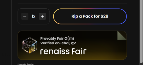 A digital interface showing options to purchase a pack of cards for $28, featuring a 'rengaiss Fair' listing with text indicating 'Provably Fair' and 'Verified on-chain'.
