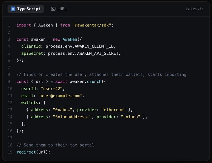 A code snippet showing TypeScript implementation using the @awakentax/sdk to create a tax integration by initializing the Awaken client, registering user "user-42" with Ethereum and Solana wallets, and generating a redirect URL to their tax portal—demonstrating Awaken Tax's embedded API solution for crypto tax compliance.