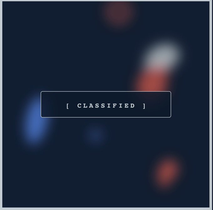 A dark blue graphic displays the text '[ CLASSIFIED ]' inside a rounded rectangular border, with blurred shapes in the background, notably including a red and white object resembling a rocket.