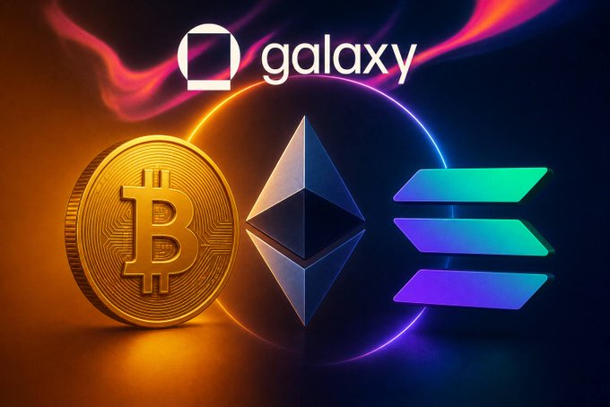A promotional graphic for 'galaxy' displays logos of Bitcoin, Ethereum, and Solana against a dark background with colorful nebula-like lighting.