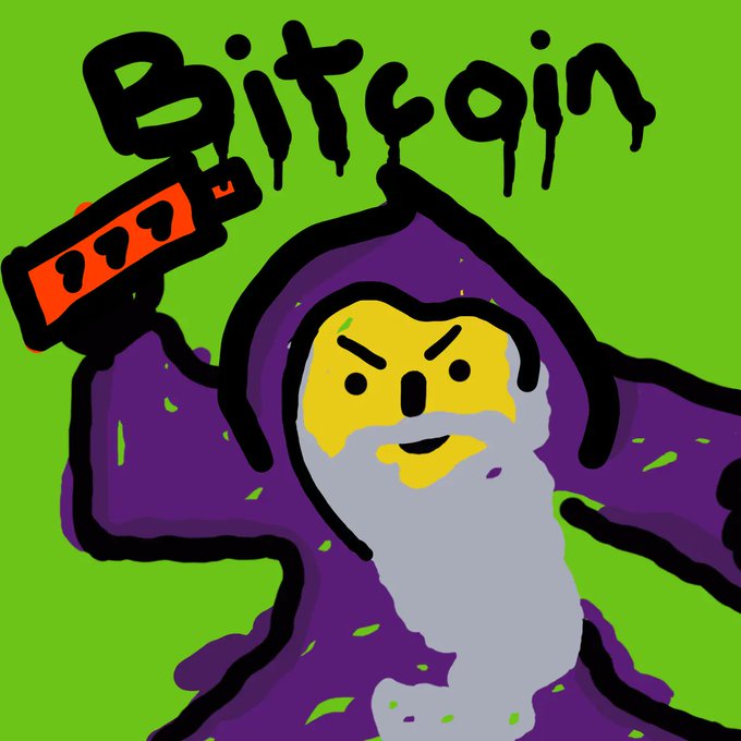 A hooded wizard in a purple robe with a gray beard holds a red wand topped with "Bitcoin" text dripping in black, set against a bright green background. The illustration represents "Wizard #237" from the daily Bitcoin Wizard series celebrating Bitcoin's journey to $1,000,000.