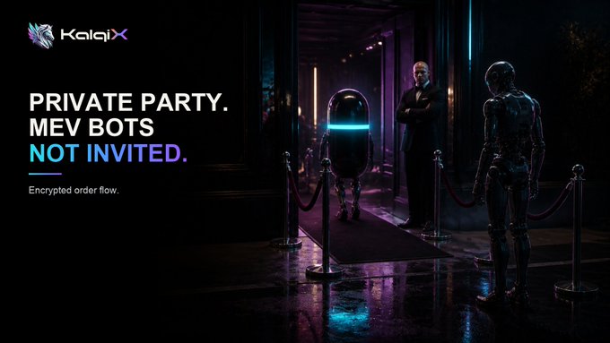 A dark, atmospheric advertisement for 'KalqiX' declares 'PRIVATE PARTY. MEV BOTS NOT INVITED.' with the tagline 'Encrypted order flow,' showing bouncers guarding the entrance to an exclusive club.