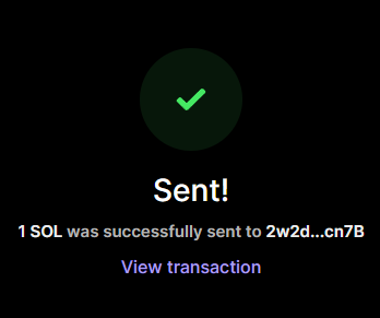 A confirmation screen displays "Sent!" with a green checkmark, indicating that 1 SOL was successfully sent to address "2w2d...cn7B", with an option to view the transaction. This serves as visual proof for the post claiming to send 1 SOL to @marley_web3.