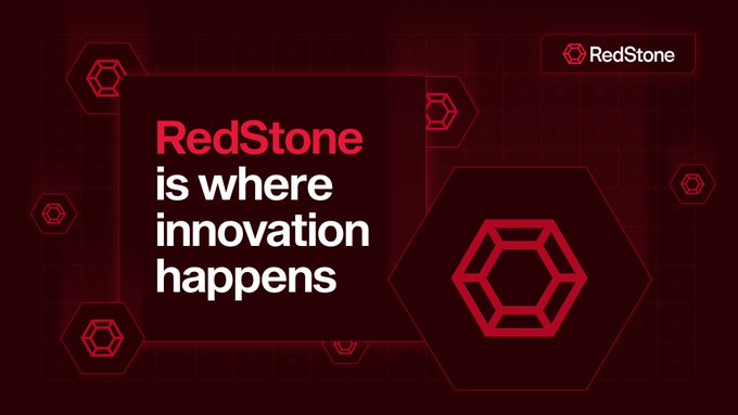 A RedStone promotional banner with a dark red background and hexagonal logos reads 'RedStone is where innovation happens.'