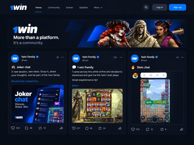 A screenshot of the 1win platform website showing community posts, featuring text like "1win More than a platform. It's a community." and posts about Joker chat and slots.