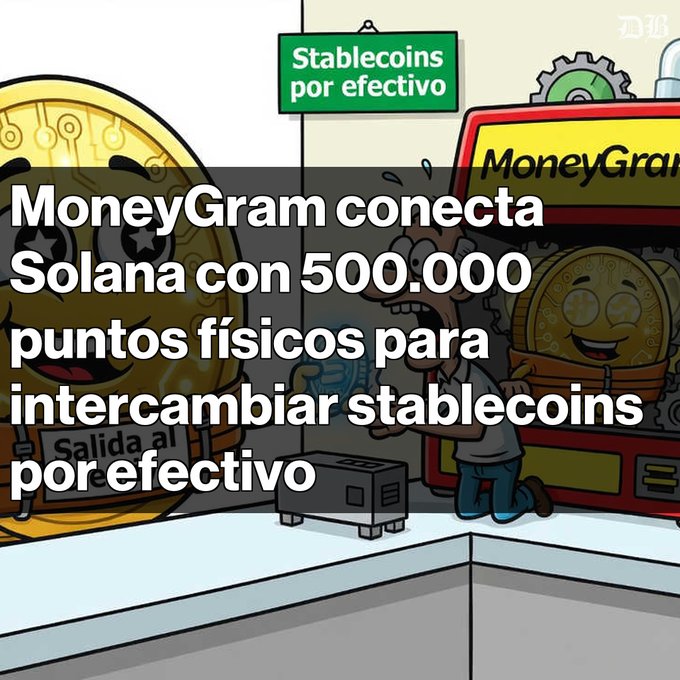 A cartoon illustration with overlaid Spanish text 'MoneyGram conecta Solana con 500.000 puntos físicos para intercambiar stablecoins por efectivo' showing a character near a MoneyGram machine exchanging coins for cash.