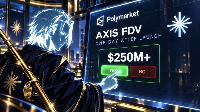 A futuristic promotional image showing a stylized anime character pointing at a Polymarket prediction market for 'AXIS FDV ONE DAY AFTER LAUNCH' with options for '$250M+' YES/NO.