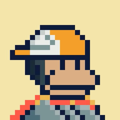 A pixel art illustration of a character wearing an orange and white baseball cap and a red and blue outfit against a beige background.