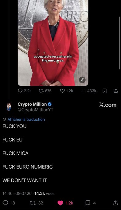 The image shows a tweet from "Crypto Million" (@CryptoMillionYT) featuring Christine Lagarde speaking about the euro area, overlaid with expletive-filled criticism of the EU, MICA, and Euro Numeric regulations. The tweet has 14.2k views and matches the post's context of "ratioing Christine"—expressing opposition to her regulatory stance on crypto in Europe.