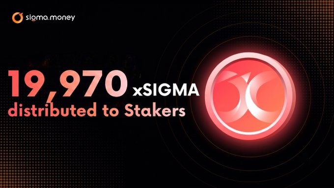 The image features a poster for a cryptocurrency called xSIGMA. The poster displays an image of the xSIGMA logo, which is a circle with a red border and a white center. It also includes text that reads "Epoch #34 is officially in the books. Over 19,970 xSIGMA has just been distributed to our loyal stakers. Want to start compounding your rewards? Add liquidity or convert your 
$SIGMA on sigamoney.com/xsigma to get started." The poster also mentions that xSIGMA is distributed to "stakers" and encourages users to add liquidity, which can be done by converting the cryptocurrency into fiat currency using the website "sigamoney.com".