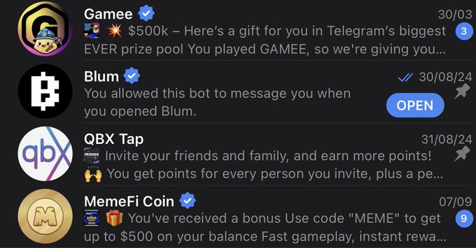 This image shows a Telegram chat list with messages from crypto airdrop bots, including Gameee ($500k prize pool mention), Blum, QBX Tap, and MemeFi Coin ($500 bonus code "MEME"), along with unopened message counts. The caption reflects how the user ignored most of these promotional bot messages ("faded a lot of this") except for the Dogs project they actually engaged with profitably.