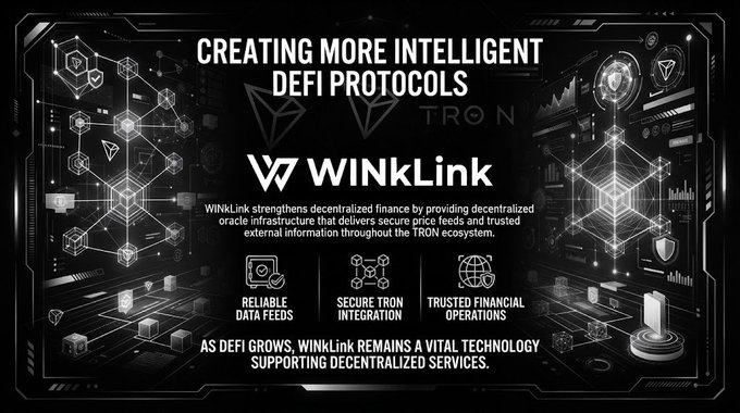 A dark-themed promotional banner for "WINkLink" on the TRON network, titled "CREATING MORE INTELLIGENT DEFI PROTOCOLS" and highlighting features like reliable data feeds, secure TRON integration, and trusted financial operations.