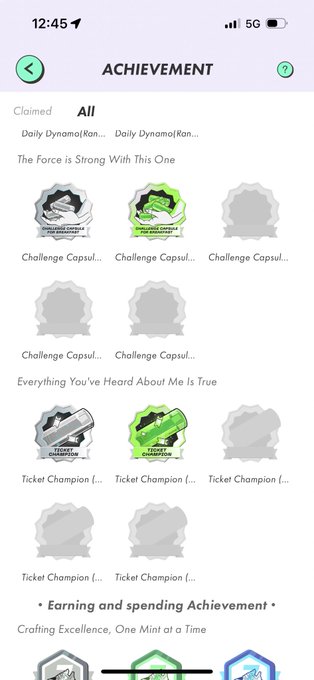 A mobile app achievement screen showing various 'Challenge Capsule' and 'Ticket Champion' badges (claimed and unclaimed) under categories like 'The Force is Strong With This One' and 'Everything You've Heard About Me Is True'.