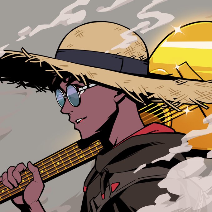 An anime-style illustration of a dark-skinned character wearing a straw hat, round sunglasses, and a dark jacket, holding a guitar strap with a glowing golden sun in the background.