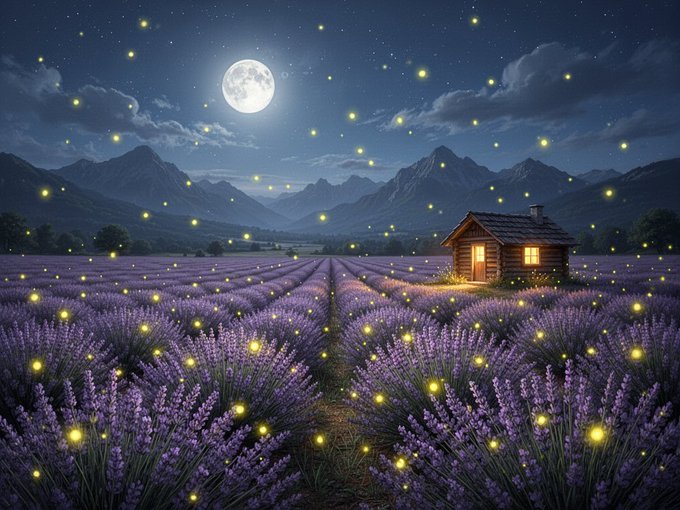 A fantasy illustration of a lavender field at night under a full moon with glowing fireflies, featuring a small illuminated wooden cabin with mountains in the background.