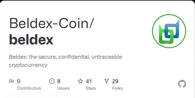 GitHub repository header for "Beldex-Coin/beldex" described as a secure, confidential, untraceable cryptocurrency, with 0 contributors, 8 issues, 41 stars, and 29 forks.