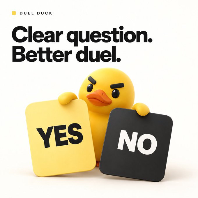 An advertisement for DuelDuck featuring a 3D-rendered yellow rubber duck character holding yellow 'YES' and black 'NO' cards, with the tagline 'Clear question. Better duel.'