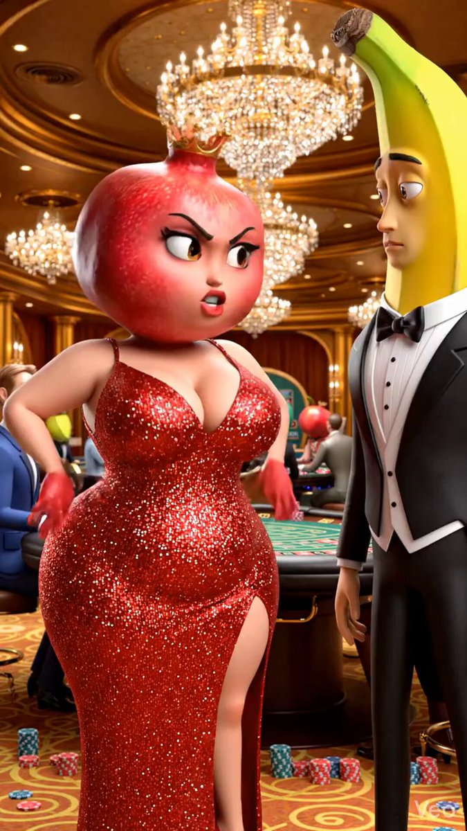 The image features a woman dressed in an elegant red dress, standing next to a man wearing a tuxedo with a banana headpiece on his head. The scene takes place in a casino setting, where various people are present around them. There is also a chair visible in the background.