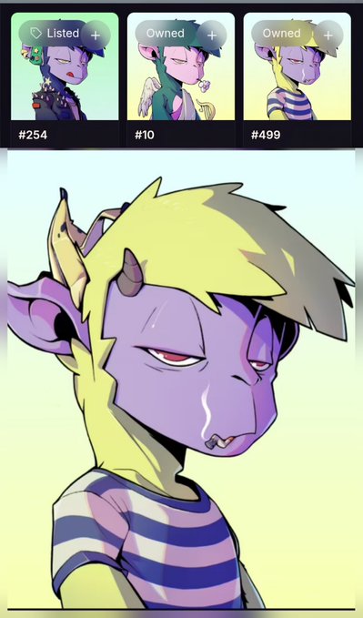 NFT character collection interface displaying three tokenized characters (#254 Listed, #10 Owned, #499 Owned), with the main view showing a purple-skinned, blonde-haired horned character in a striped shirt.