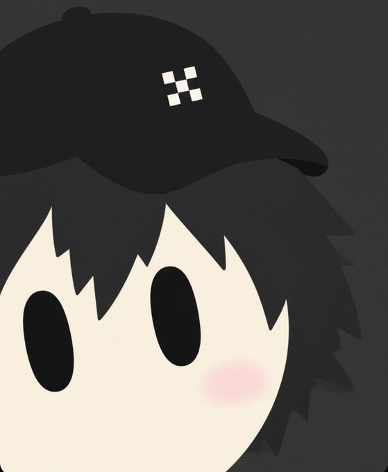 A minimalist cartoon illustration of a pale face with black eyes, pink cheeks, and a black baseball cap featuring a white checkered logo against a dark background.