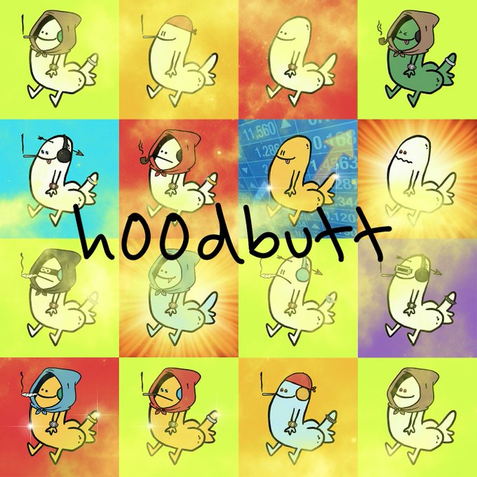 A grid of 16 cartoon doodle characters in various colorful hoodies with the handwritten text "hoodbutt" across the center, representing the $HOODBUTT NFT collection featured in the mint announcement.