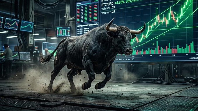 A dramatic illustration of a powerful black bull charging through a dusty room with cryptocurrency trading screens in the background, showing 'BTC/USD +4.85%' and a green rising candlestick chart with volume bars.