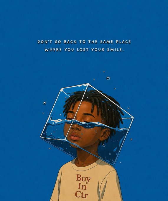 An illustration of a boy with a clear cube of water over his head wearing a 'Boy In Ctr' shirt, with text reading 'DON'T GO BACK TO THE SAME PLACE WHERE YOU LOST YOUR SMILE.'
