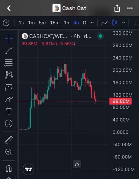 TradingView chart of CASHCAT/WE... pair on 4h timeframe showing price down 5.56% to 99.85M.