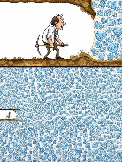 A cartoon illustration showing a man with a pickaxe discovering a massive vein of blue diamonds while mining, with a tiny inset showing him standing on the edge.