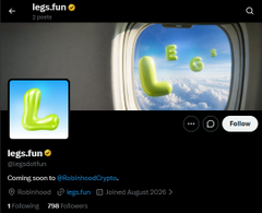 The image shows a screenshot of a Twitter/X profile page for "legs.fun" with 2 points, a green L logo against a sky background, 1 following, 738 followers, and the account joined August 2026, which aligns with the post warning that $LEGS is a scam involving the developer using side wallets to manipulate the token.
