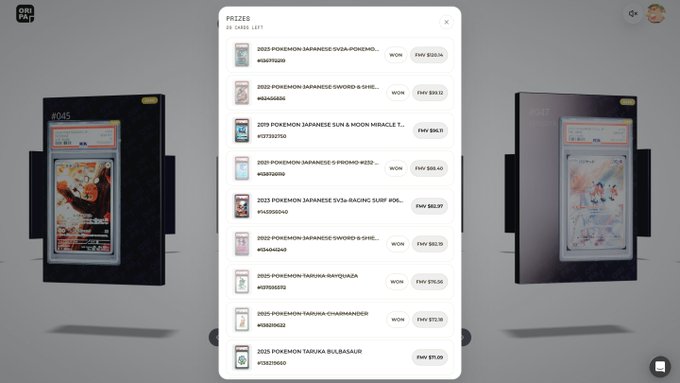 A digital trading card platform showing graded Pokemon cards (SVA, SV6, Promo, TARUKIA) with prices in FMY currency, displaying the cards in black protective slabs.