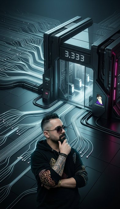 A tattooed man in sunglasses and a black hoodie poses thoughtfully in front of a futuristic, high-tech sci-fi scene featuring glowing circuitry lines and a digital display reading "3.333."