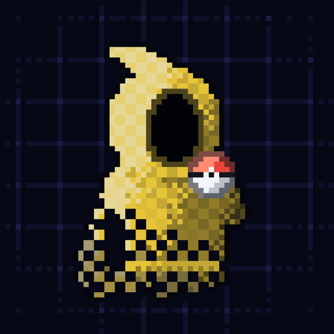 A pixel art image showing a hooded yellow figure with a dark face holding a Pokéball.
