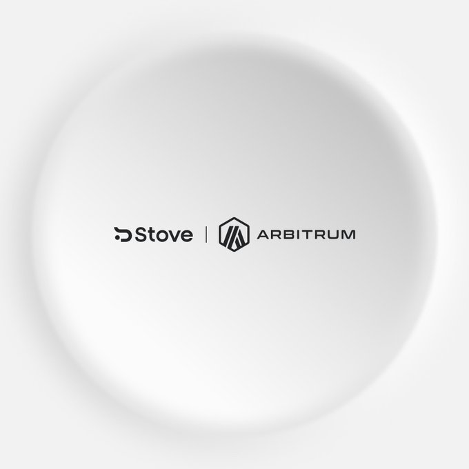 A minimalist white circular graphic displaying the logos for "Stove" and "ARBITRUM" in the center.