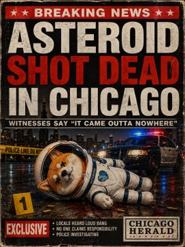 The image features a poster for an album titled "Asteroid Shot Dead In Chicago", which includes a dog dressed as an astronaut, lying down on the ground with its arms and legs spread out. The poster also has a police car behind the dog, suggesting that this scene might be from a crime investigation or a police-related event.