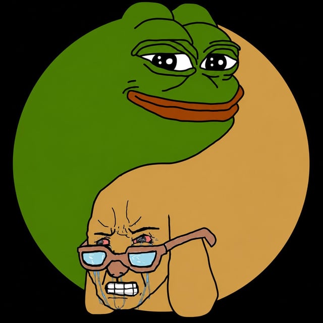 A crudely drawn meme combining Pepe the Frog with a crying wojak face wearing glasses, set against a green and orange yin-yang style background.
